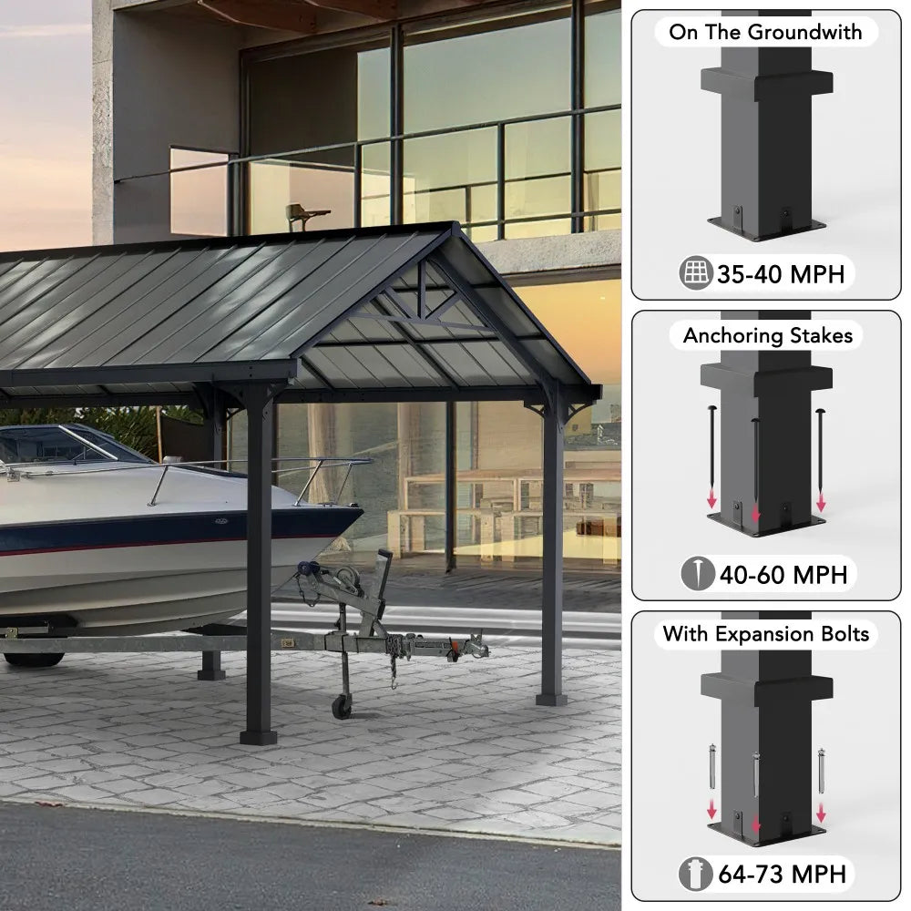 SUNJOY 12x20 Metal Carport, Black Steel Gable Roof Gazebo, Outdoor Living Pavilion with 2 Ceiling Hooks