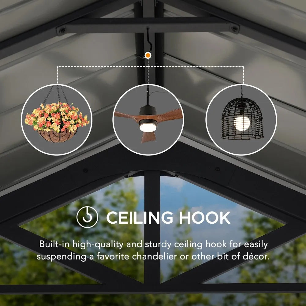 SUNJOY 12x20 Metal Carport, Black Steel Gable Roof Gazebo, Outdoor Living Pavilion with 2 Ceiling Hooks