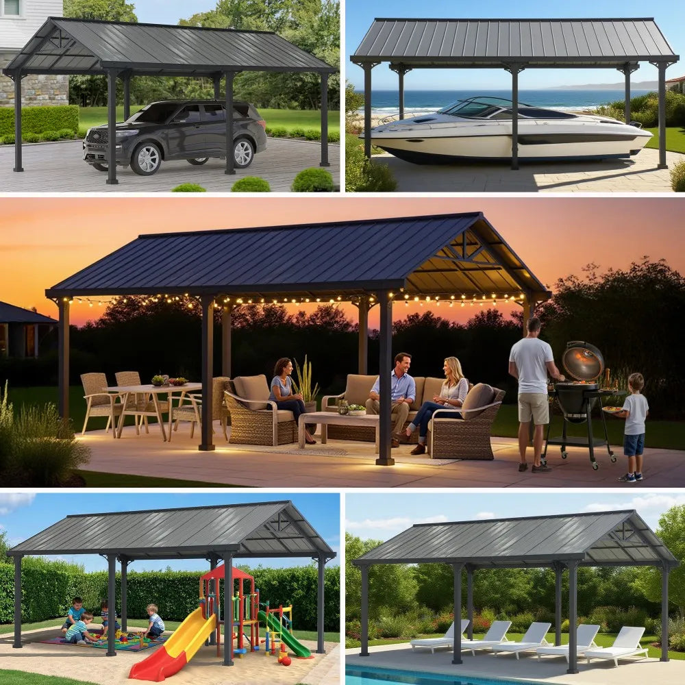 SUNJOY 12x20 Metal Carport, Black Steel Gable Roof Gazebo, Outdoor Living Pavilion with 2 Ceiling Hooks
