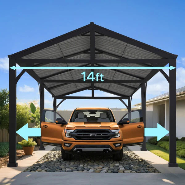 SUNJOY 20×14 Black Metal Roof Steel Carport Outdoor Gazebo Heavy Duty Carport with 2 Ceiling Hooks