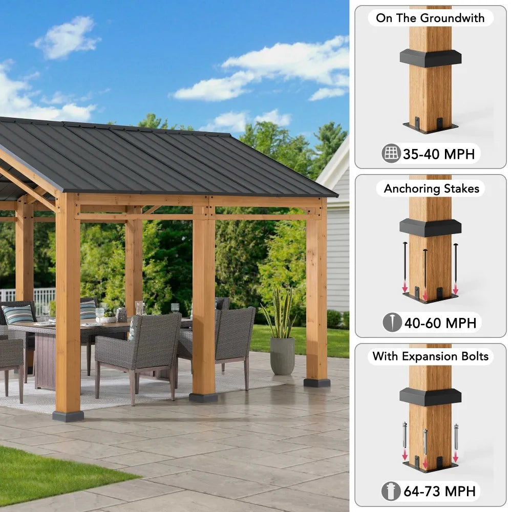 SUNJOY 11x13 Wood Carport Black Gable Roof Gazebo with Ceiling Hook