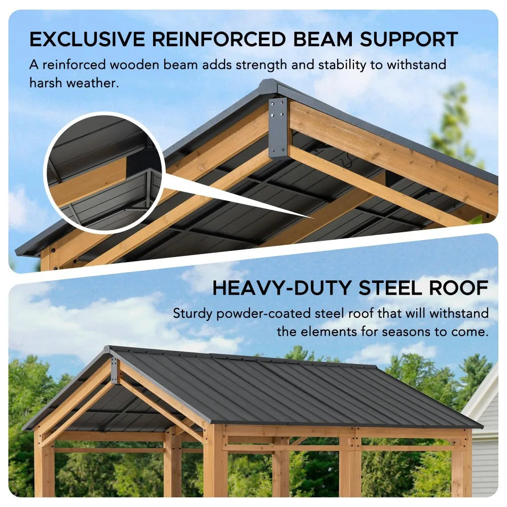 SUNJOY 11x13 Wood Carport Black Gable Roof Gazebo with Ceiling Hook