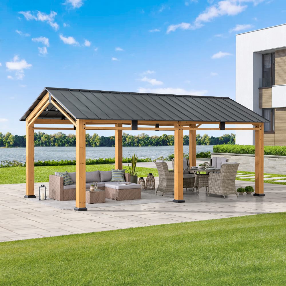 SUNJOY 11x20 Wood Carport, Black Steel Gable Roof Gazebo, Outdoor Living Pavilion with Ceiling Hook