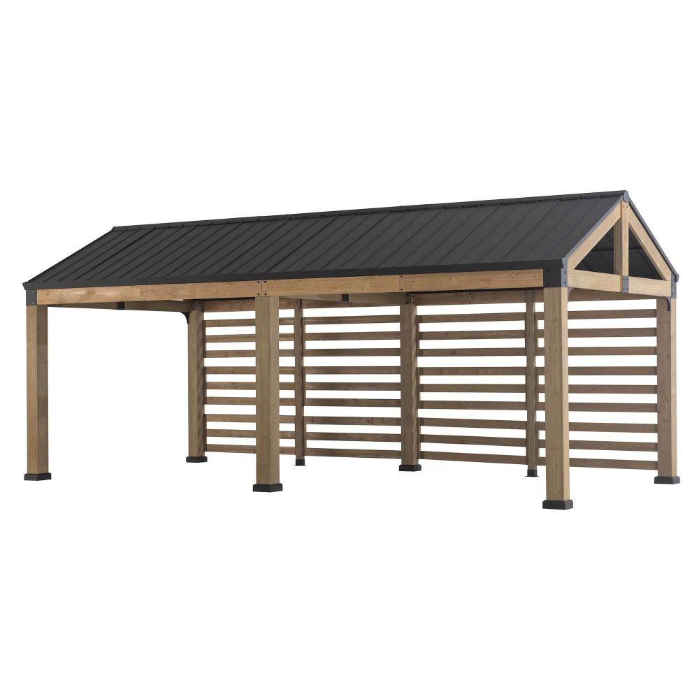 SUNJOY Newville 10x20 Galvanized Steel Roof Wood Carport with Privacy Wall & Rain Gutter