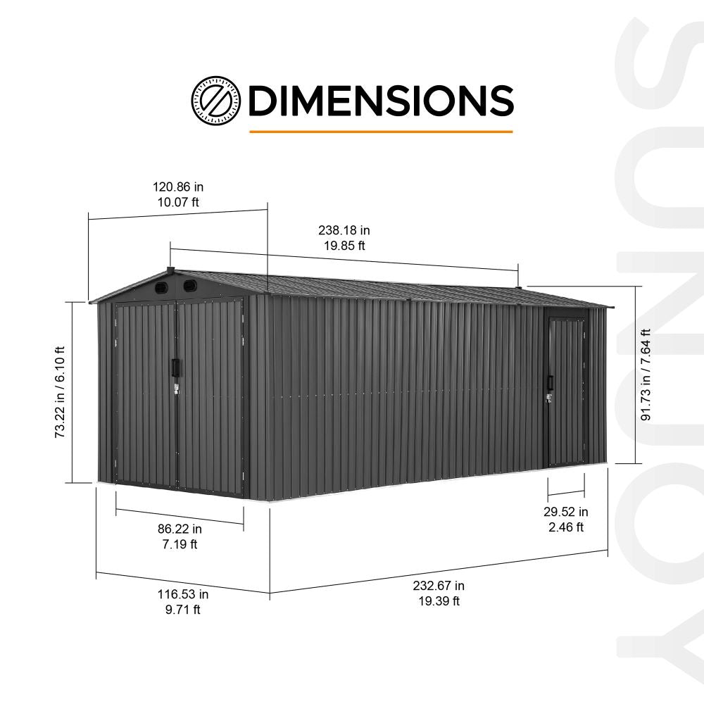 SUNJOY 10x20 Storage Shed Kits with Lockable Doors and Vents