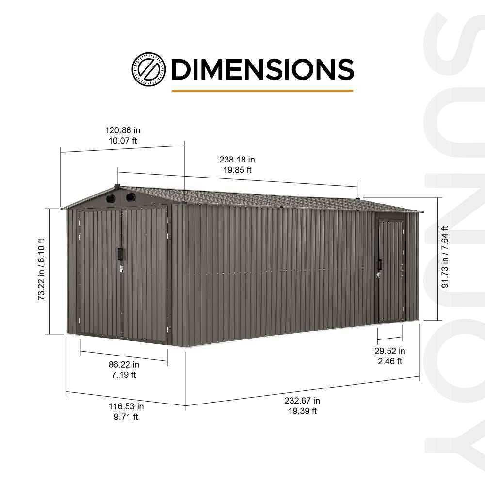 SUNJOY 10x20 Storage Shed Kits with Lockable Doors and Vents