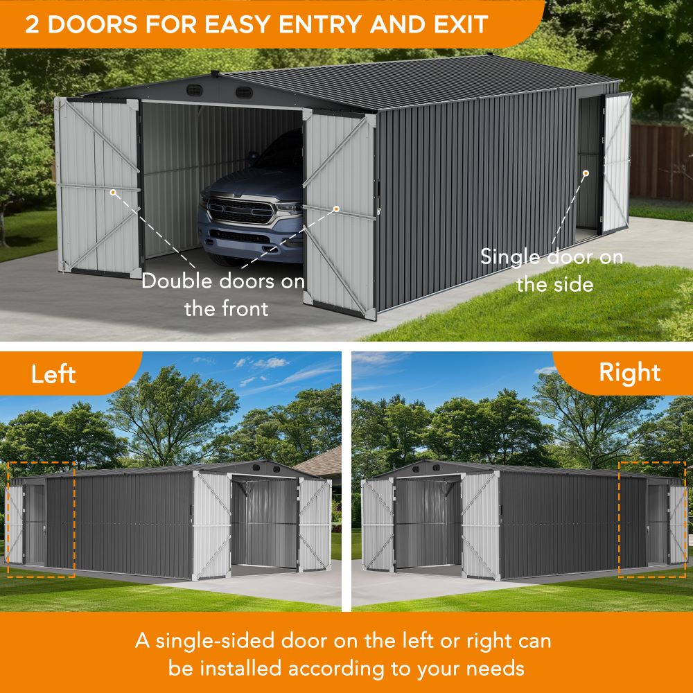 SUNJOY 13x20 Metal Shed Kits with Lockable Doors and Vents - Dark Gray