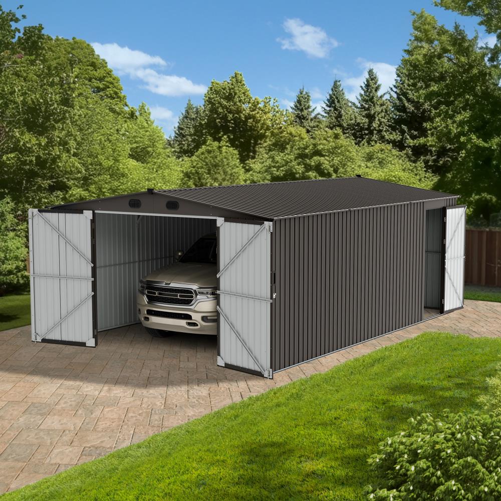 Abri de jardin en métal SUNJOY 13x20 avec portes et évents verrouillables - Tan