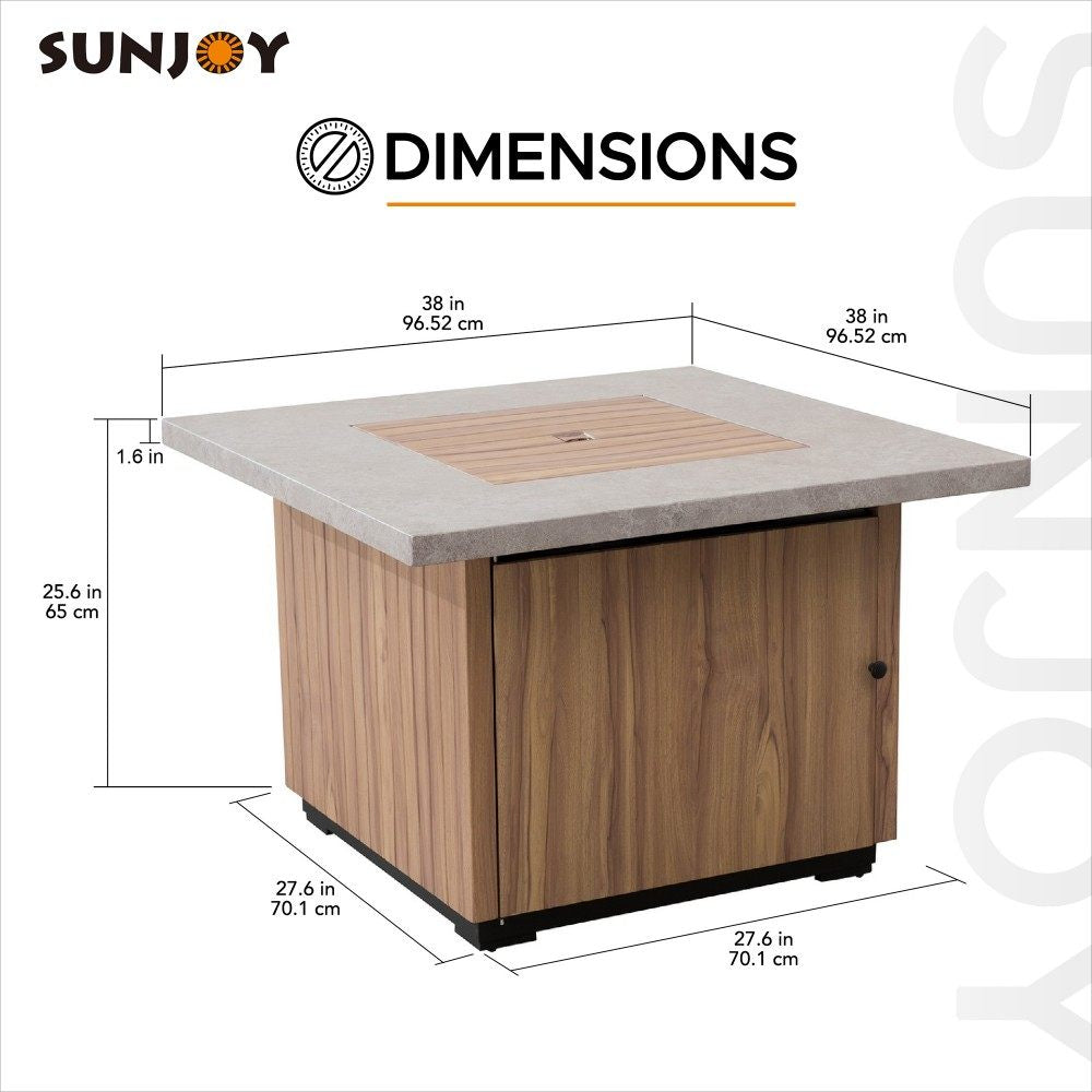 SUNJOY 38 Inch Brown Outdoor Square Steel Propane Burning Fire Pit Table with Lid and Lava Rocks