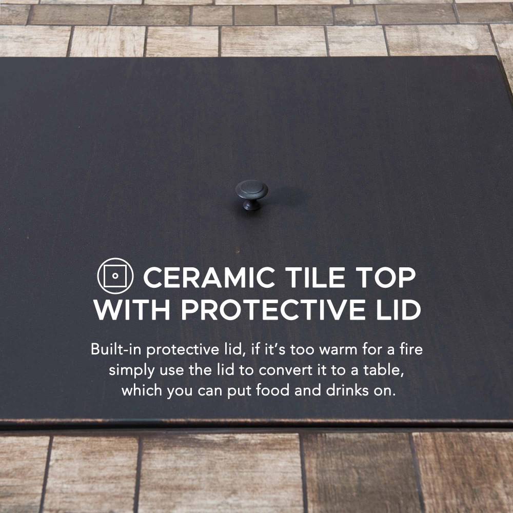 SUNJOY 38 Inch Smokeless Fire Pit Outdoor Square Propane Gas Fire Pit Table Hidden Propane Tank Fire Pits with Ceramic Tile Tabletop and Lava Rocks