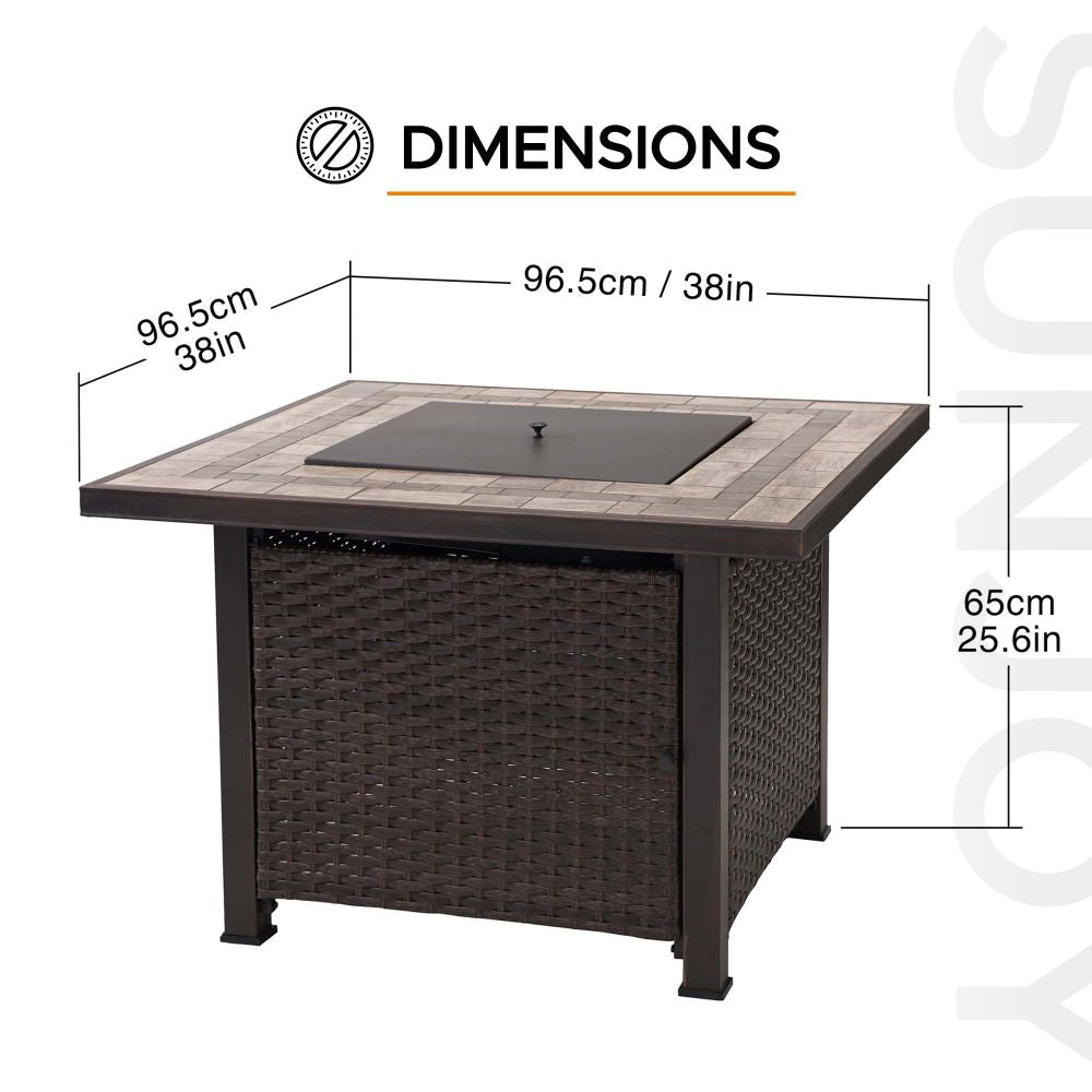 SUNJOY 38 Inch Smokeless Fire Pit Outdoor Square Propane Gas Fire Pit Table Hidden Propane Tank Fire Pits with Ceramic Tile Tabletop and Lava Rocks