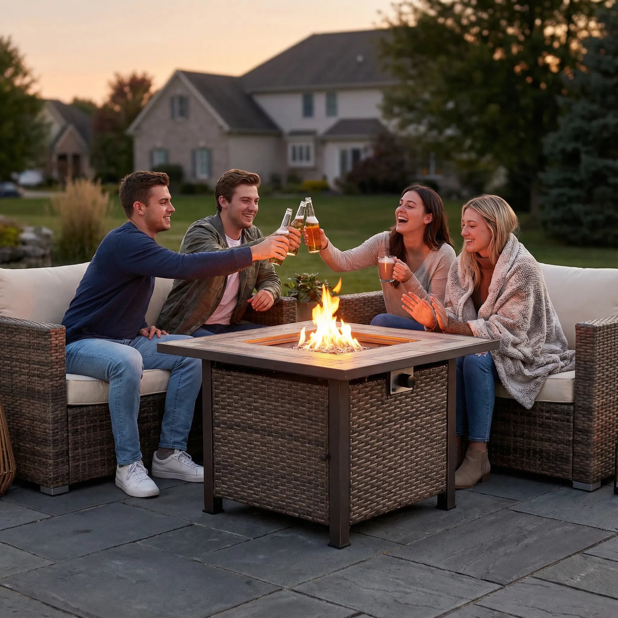 SUNJOY 38 Inch Smokeless Fire Pit Outdoor Square Propane Gas Fire Pit Table Hidden Propane Tank Fire Pits with Ceramic Tile Tabletop and Lava Rocks