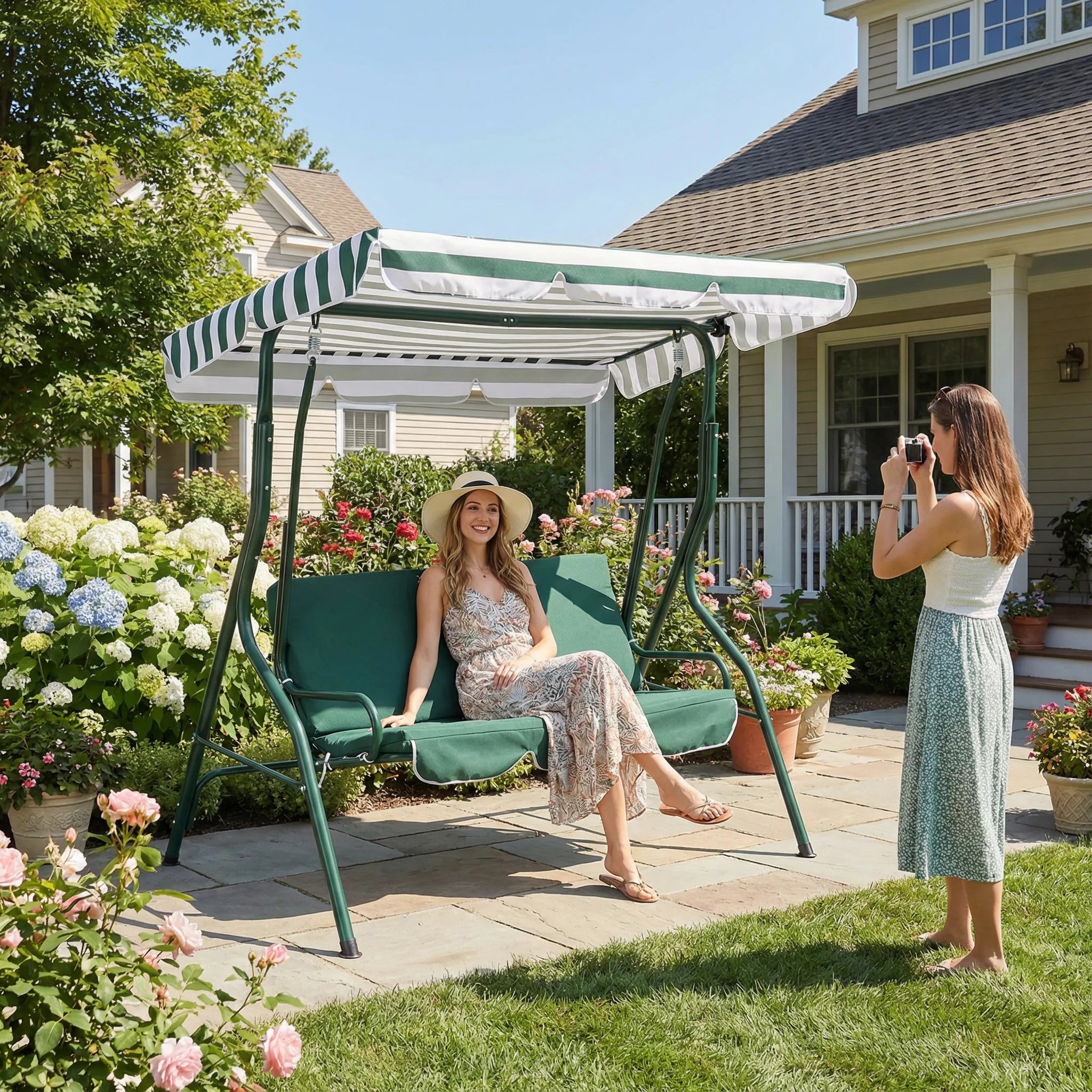 SUNJOY 2-Seat Steel Patio Swing Chair with Tilt Canopy - Green & White