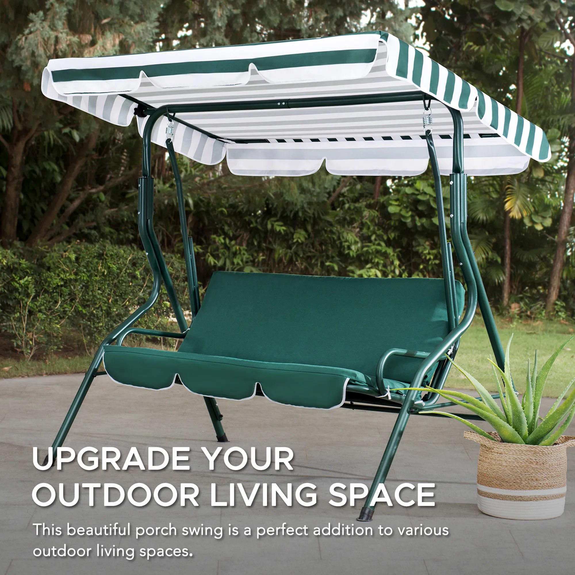 SUNJOY 2-Seat Steel Patio Swing Chair with Tilt Canopy - Green & White