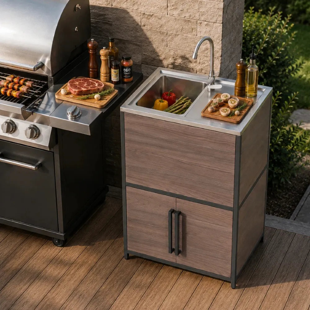 Évier de cuisine extérieur en acier inoxydable SUNJOY, station d'évier autoportante avec armoire