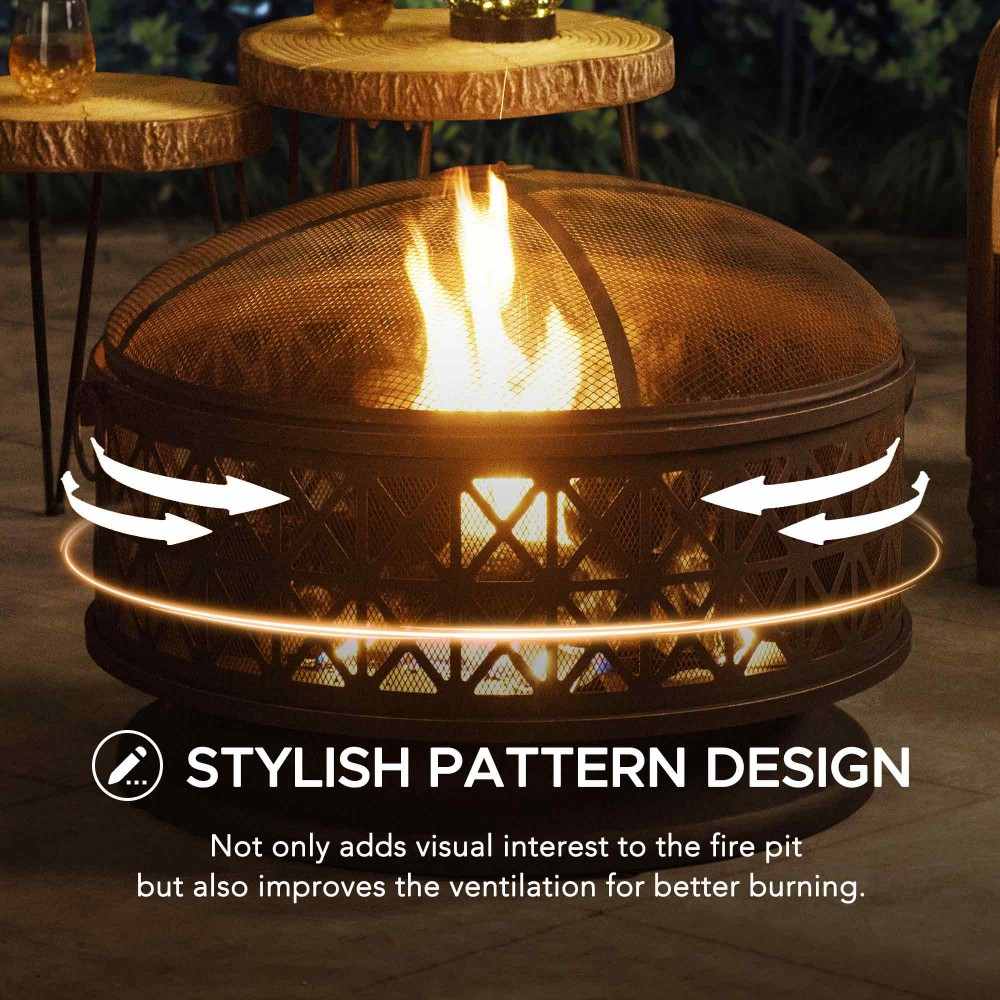 SUNJOY 30 Inch Outdoor Fire Pit Black Steel Patio Fire Pit Backyard Wood Burning Fire Pit with Spark Screen and Fire Poker