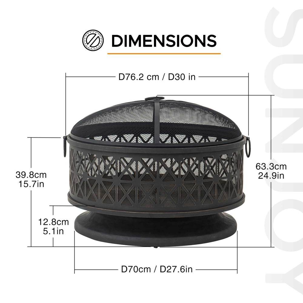 SUNJOY 30 Inch Outdoor Fire Pit Black Steel Patio Fire Pit Backyard Wood Burning Fire Pit with Spark Screen and Fire Poker