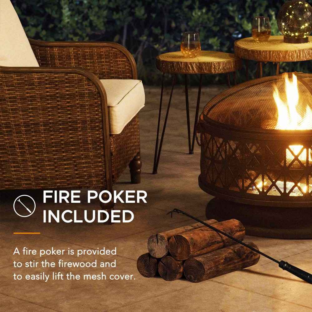 SUNJOY 30 Inch Outdoor Fire Pit Black Steel Patio Fire Pit Backyard Wood Burning Fire Pit with Spark Screen and Fire Poker