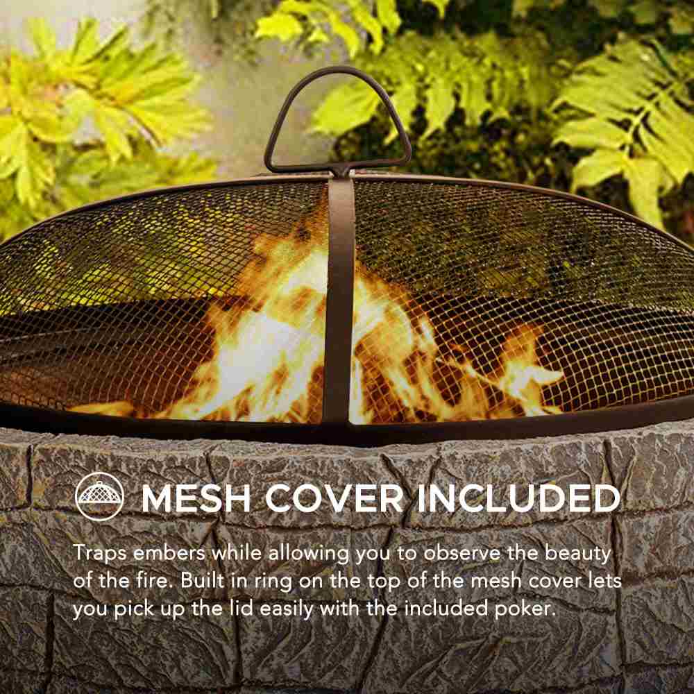SUNJOY 26 Inch Outdoor Fire Pits Wood Burning Patio Fire Pit Stone Backyard Fire Pit with Spark Screen and Poker