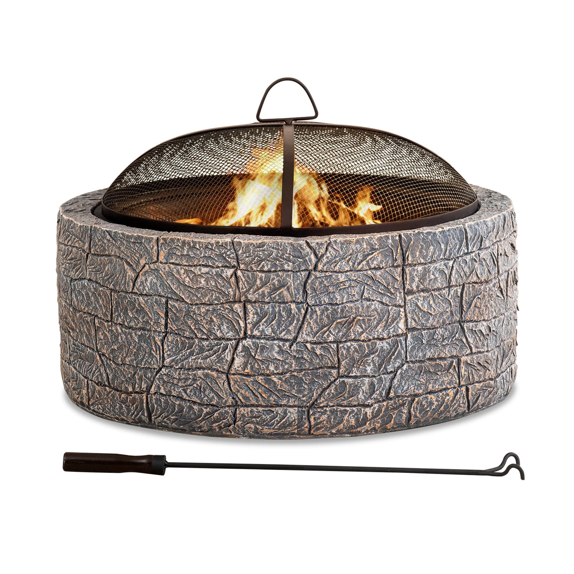 SUNJOY 26 Inch Outdoor Fire Pits Wood Burning Patio Fire Pit Stone Backyard Fire Pit with Spark Screen and Poker
