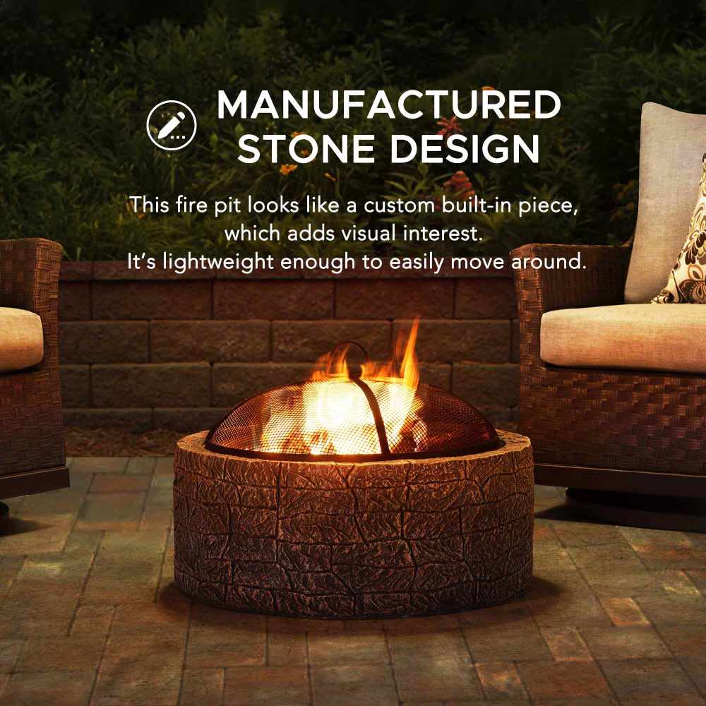 SUNJOY 26 Inch Outdoor Fire Pits Wood Burning Patio Fire Pit Stone Backyard Fire Pit with Spark Screen and Poker