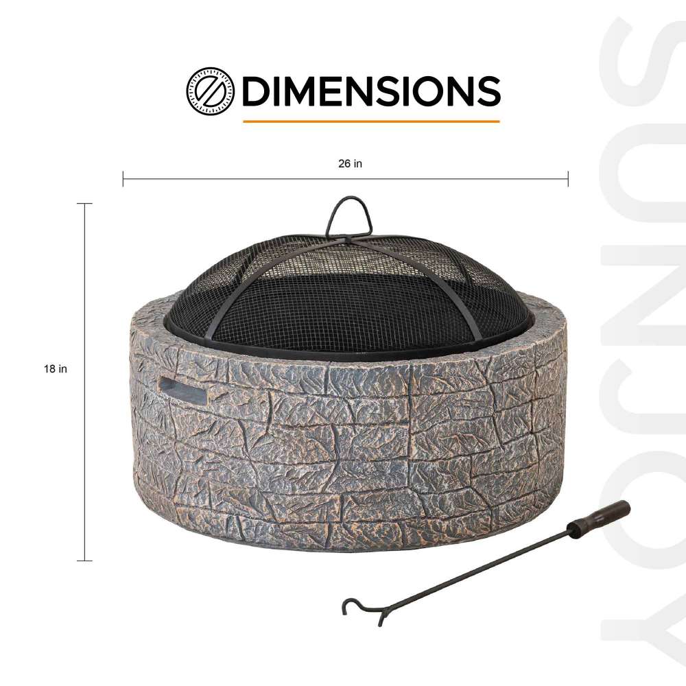 SUNJOY 26 Inch Outdoor Fire Pits Wood Burning Patio Fire Pit Stone Backyard Fire Pit with Spark Screen and Poker