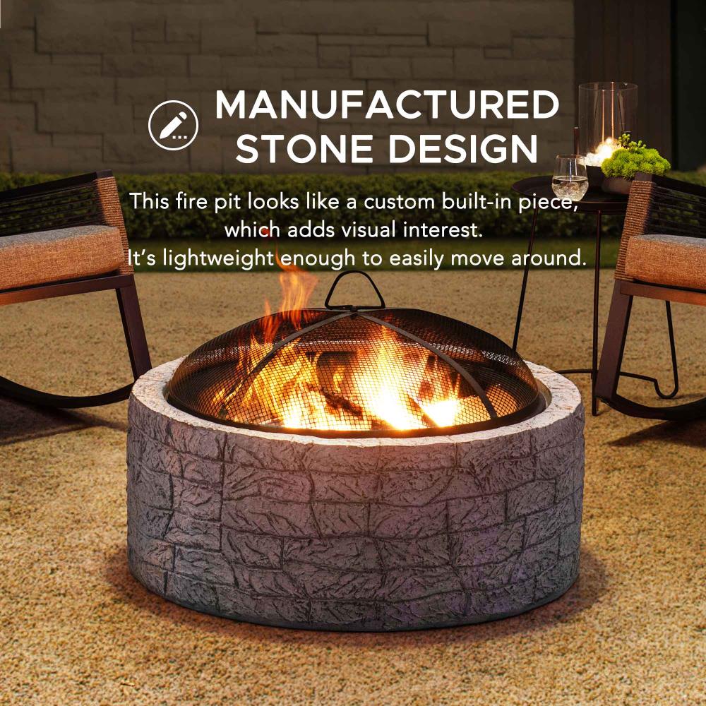 SUNJOY 26 Inch Outdoor Fire Pits Wood Burning Patio Fire Pit Stone Backyard Fire Pit with Spark Screen and Poker