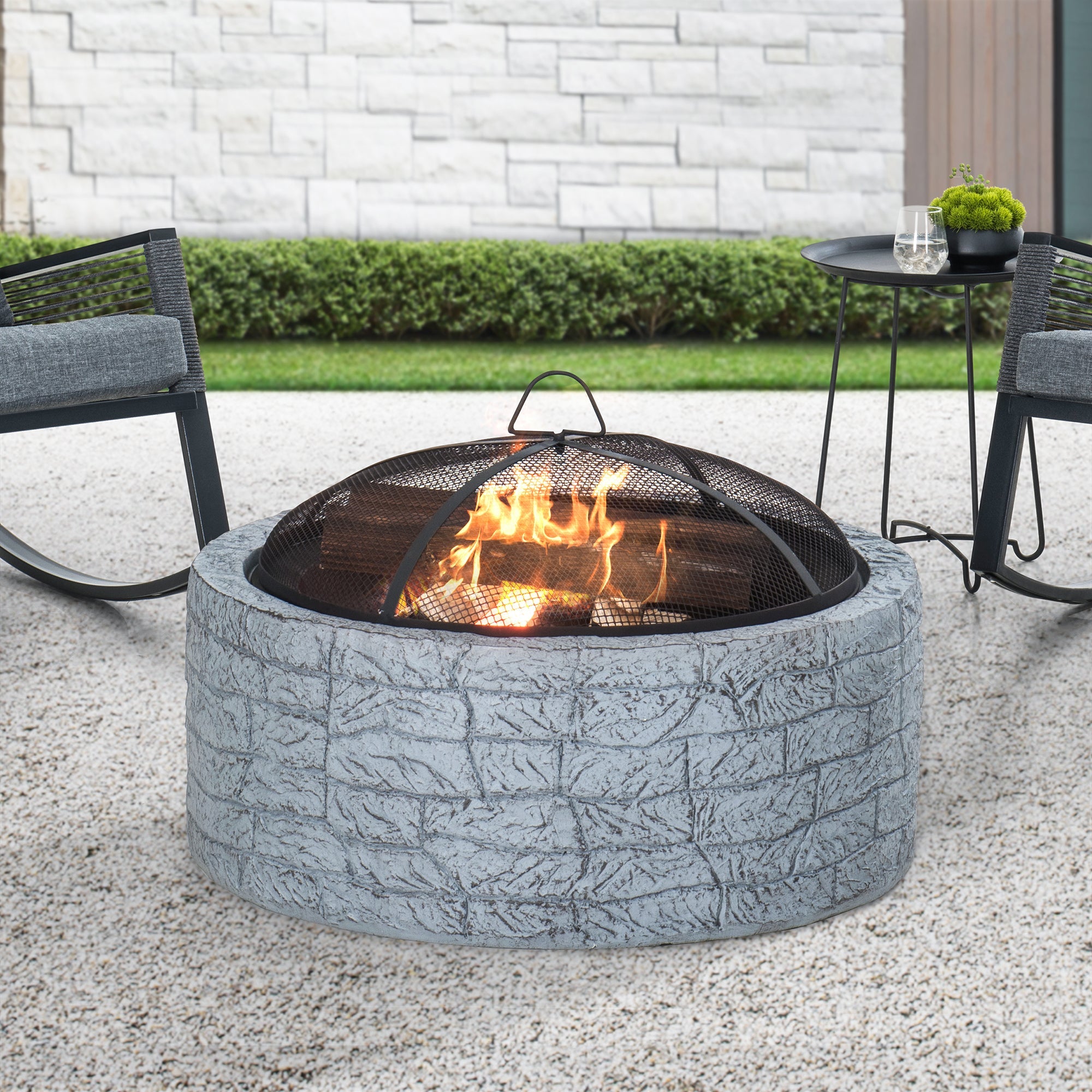 SUNJOY 26 Inch Outdoor Fire Pits Wood Burning Patio Fire Pit Stone Backyard Fire Pit with Spark Screen and Poker