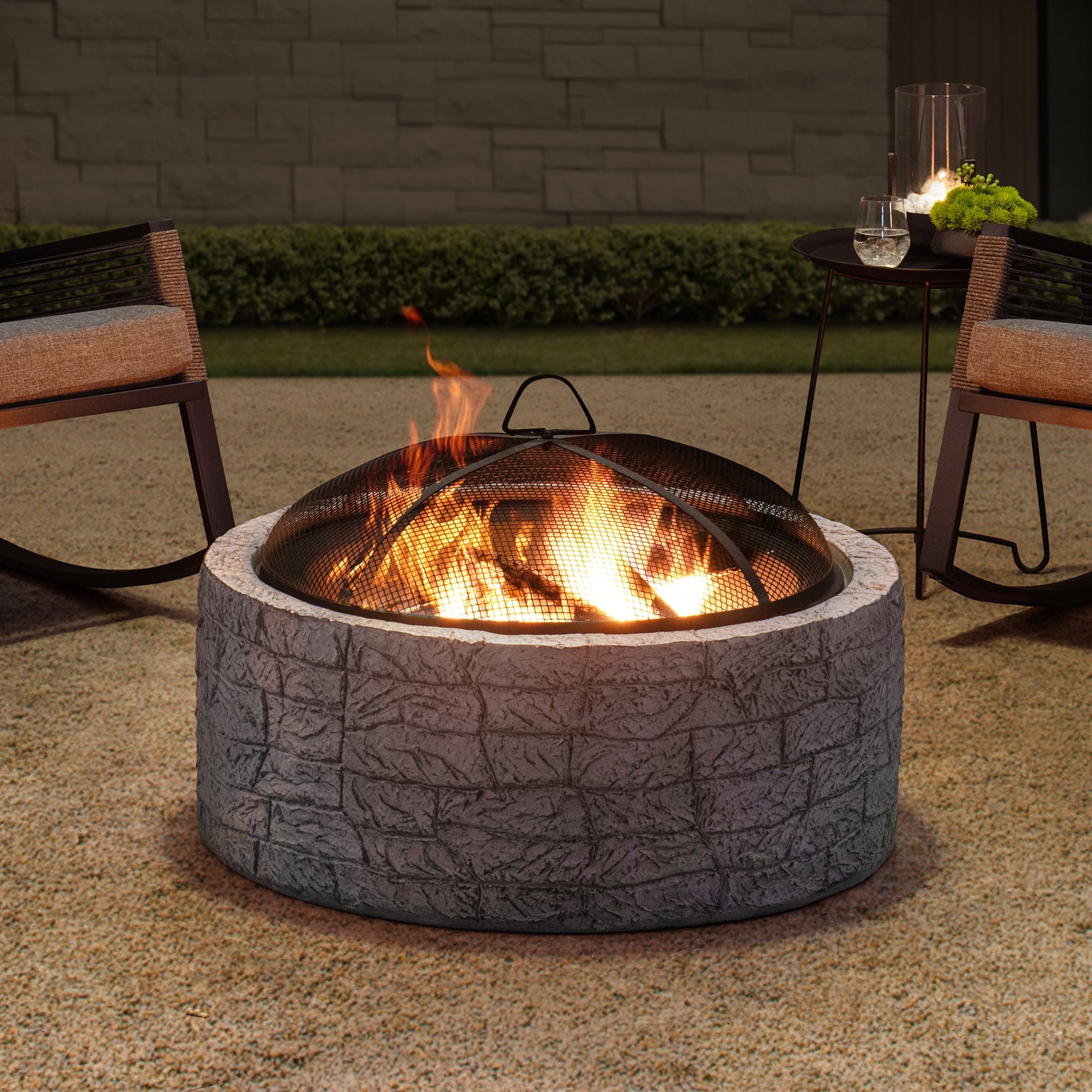 SUNJOY 26 Inch Outdoor Fire Pits Wood Burning Patio Fire Pit Stone Backyard Fire Pit with Spark Screen and Poker