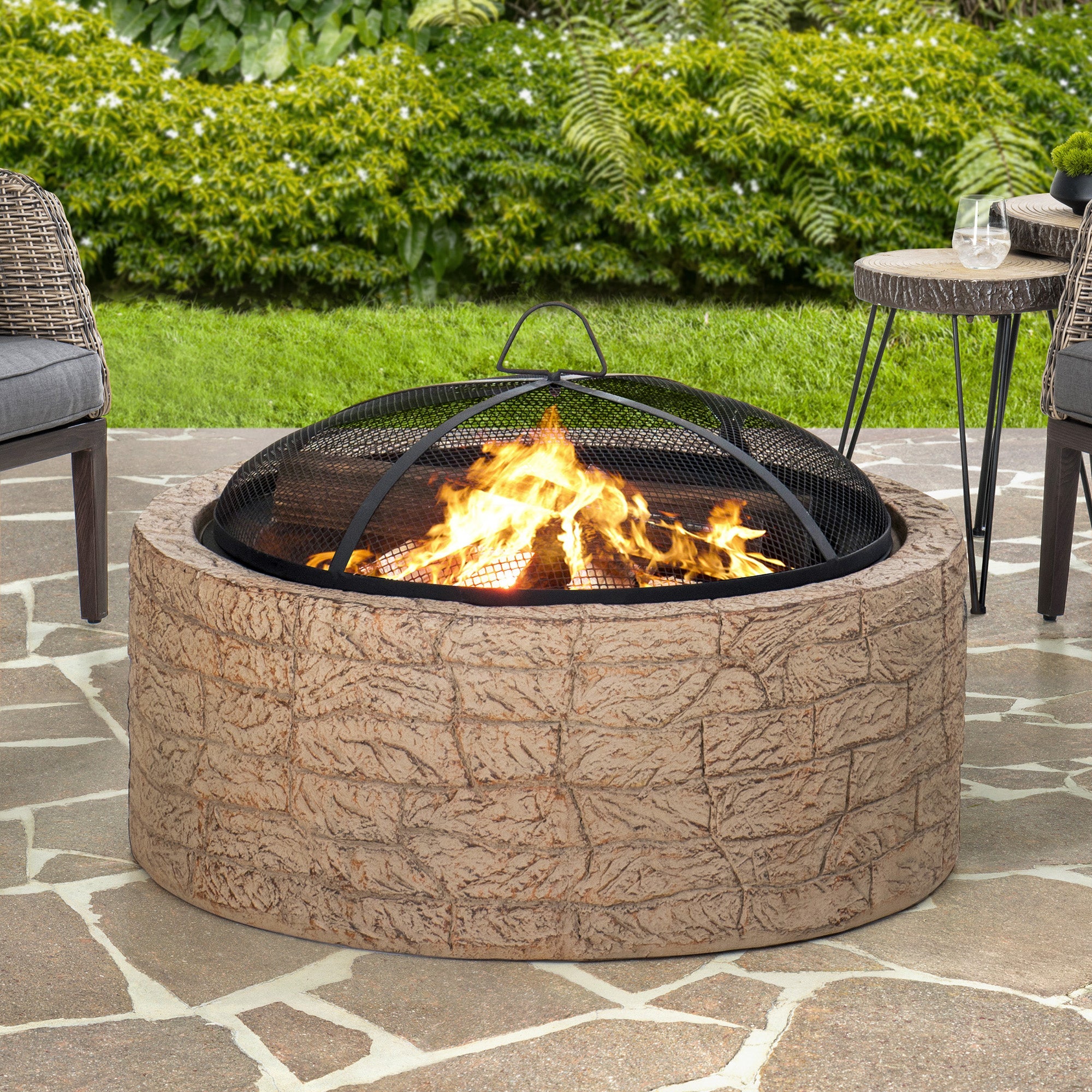 SUNJOY 26 Inch Outdoor Fire Pits Wood Burning Patio Fire Pit Stone Backyard Fire Pit with Spark Screen and Poker