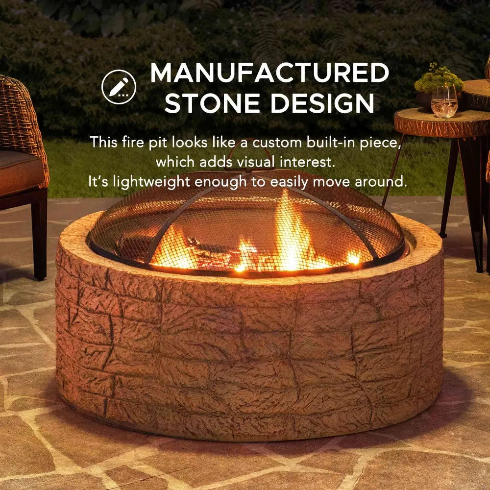 SUNJOY 26 Inch Outdoor Fire Pits Wood Burning Patio Fire Pit Stone Backyard Fire Pit with Spark Screen and Poker