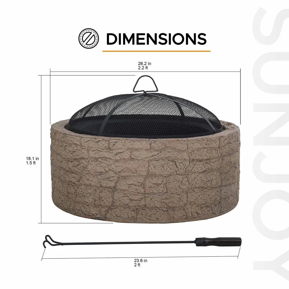 SUNJOY 26 Inch Outdoor Fire Pits Wood Burning Patio Fire Pit Stone Backyard Fire Pit with Spark Screen and Poker
