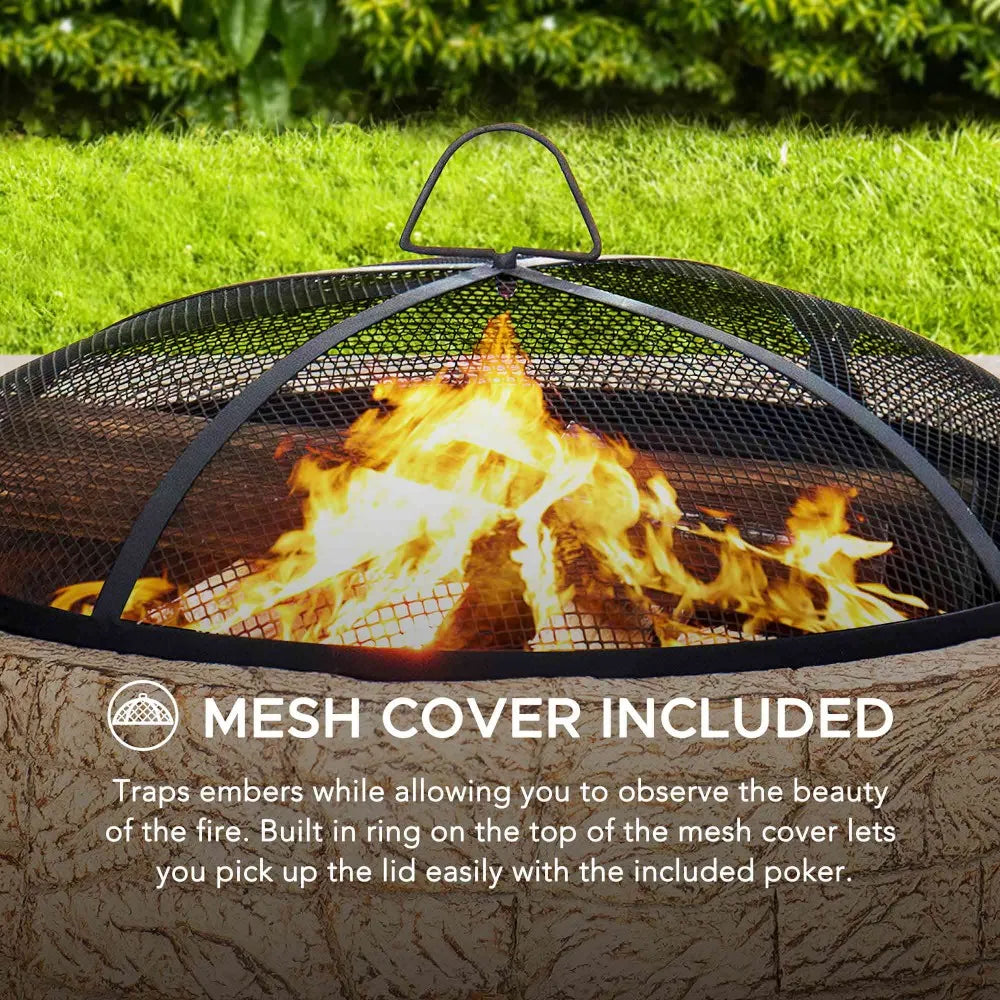 SUNJOY 26 Inch Outdoor Fire Pits Wood Burning Patio Fire Pit Stone Backyard Fire Pit with Spark Screen and Poker