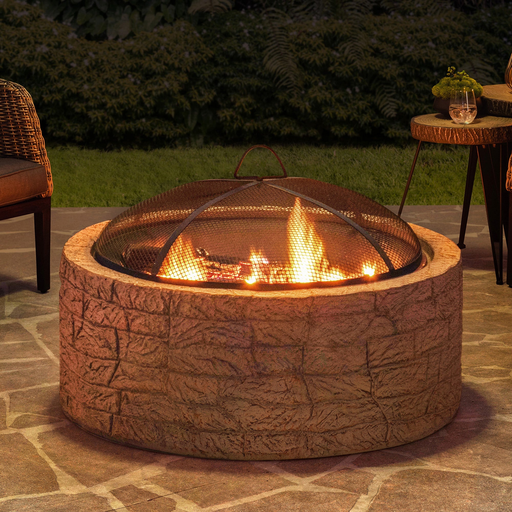 SUNJOY 26 Inch Outdoor Fire Pits Wood Burning Patio Fire Pit Stone Backyard Fire Pit with Spark Screen and Poker