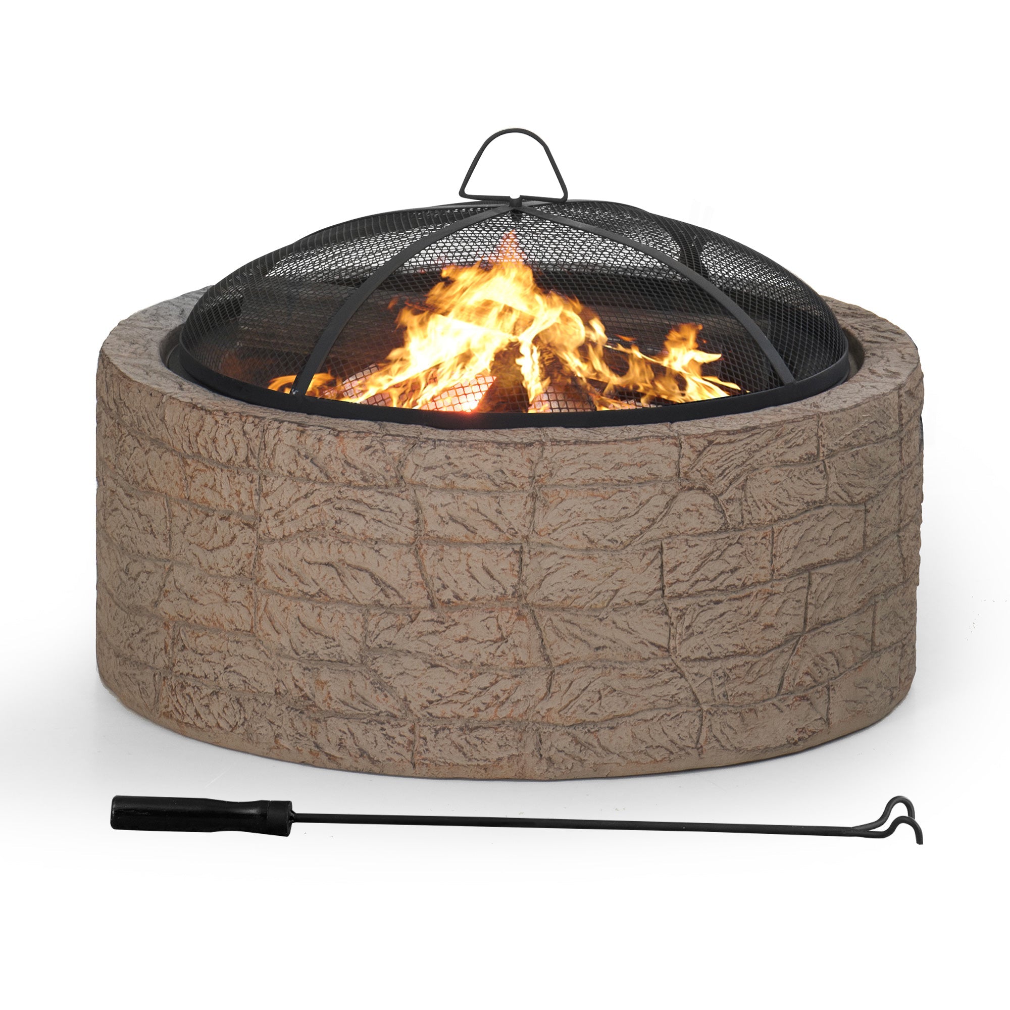 SUNJOY 26 Inch Outdoor Fire Pits Wood Burning Patio Fire Pit Stone Backyard Fire Pit with Spark Screen and Poker