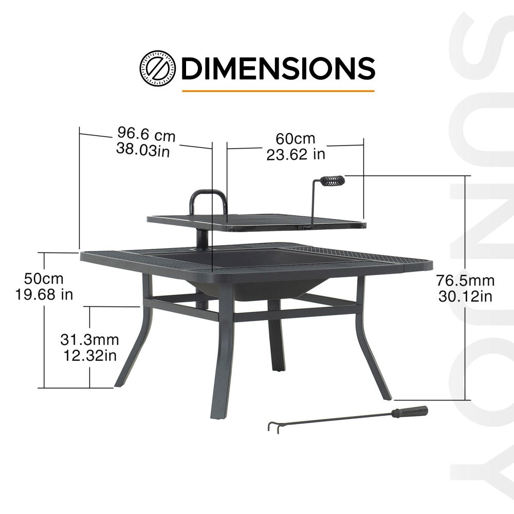 SUNJOY 38 Inch Outdoor Fire Pit Black Steel Patio Fire Pit Large Wood Burning Fire Pit with Adjustable Grill and Fire Poker
