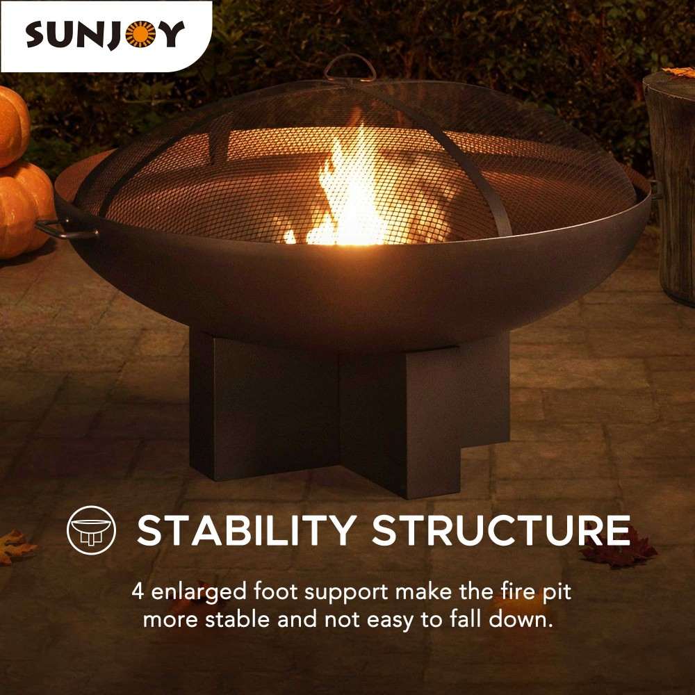 SUNJOY 40 Inch Outdoor Fire Pit Black Steel Wood Burning Patio Fire Pit with Mesh Screen and Fire Poker