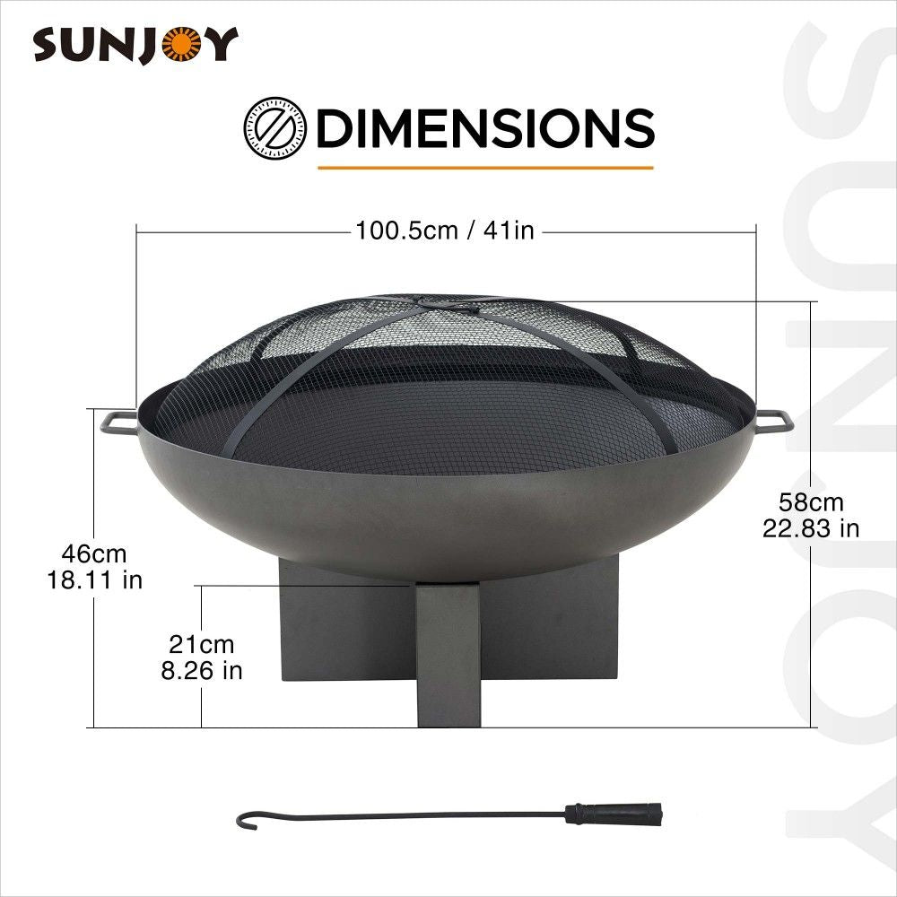 SUNJOY 40 Inch Outdoor Fire Pit Black Steel Wood Burning Patio Fire Pit with Mesh Screen and Fire Poker