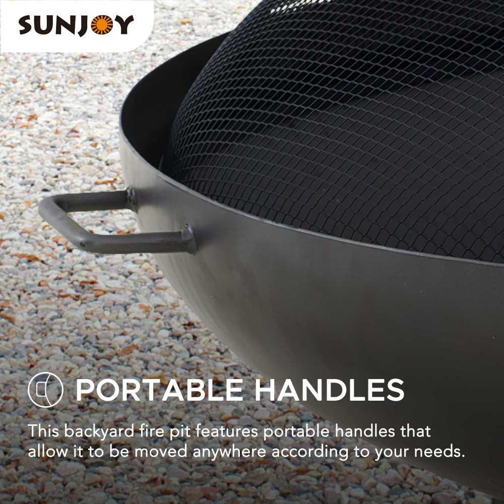 SUNJOY 40 Inch Outdoor Fire Pit Black Steel Wood Burning Patio Fire Pit with Mesh Screen and Fire Poker