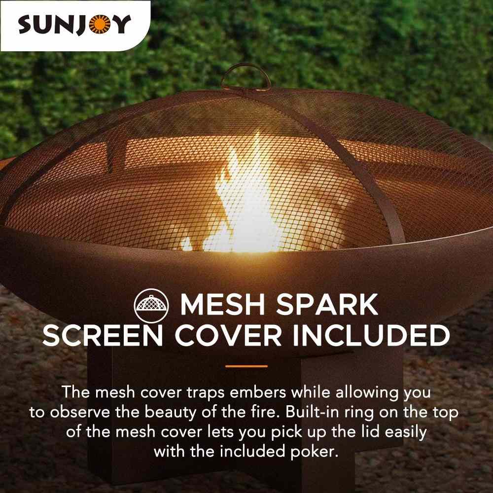 SUNJOY 40 Inch Outdoor Fire Pit Black Steel Wood Burning Patio Fire Pit with Mesh Screen and Fire Poker