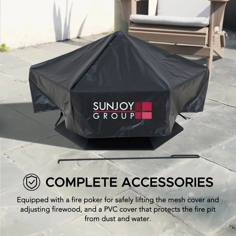 SUNJOY 35 Inch Hexagon Steel Fire Pit Wood Burning Fire Pit with PVC Cover