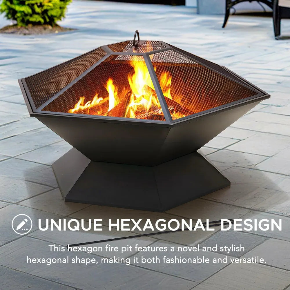 SUNJOY 35 Inch Hexagon Steel Fire Pit Wood Burning Fire Pit with PVC Cover