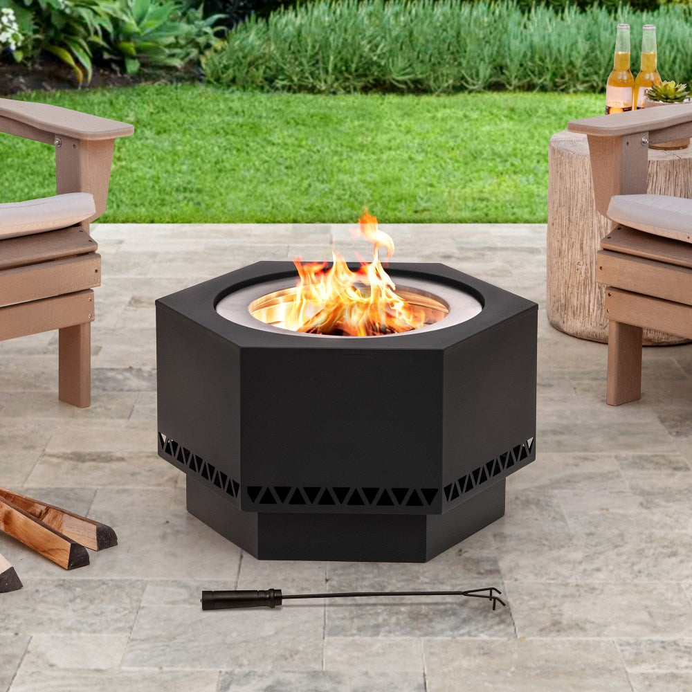 SUNJOY Smokeless Patio Fire Pit, Hexagon Firepit, Outdoor Wood Burning Portable Fire Pit w/ PVC Cover and Fire Poker