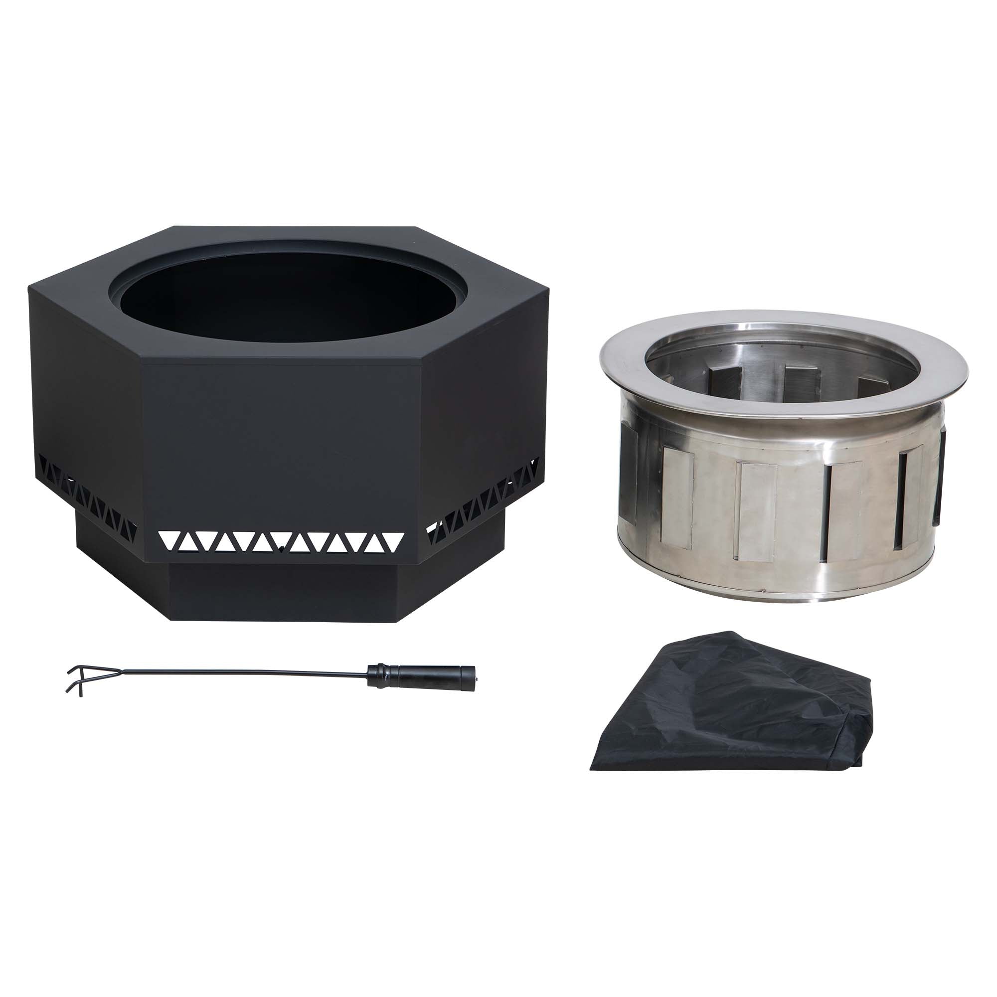 SUNJOY Smokeless Patio Fire Pit, Hexagon Firepit, Outdoor Wood Burning Portable Fire Pit w/ PVC Cover and Fire Poker