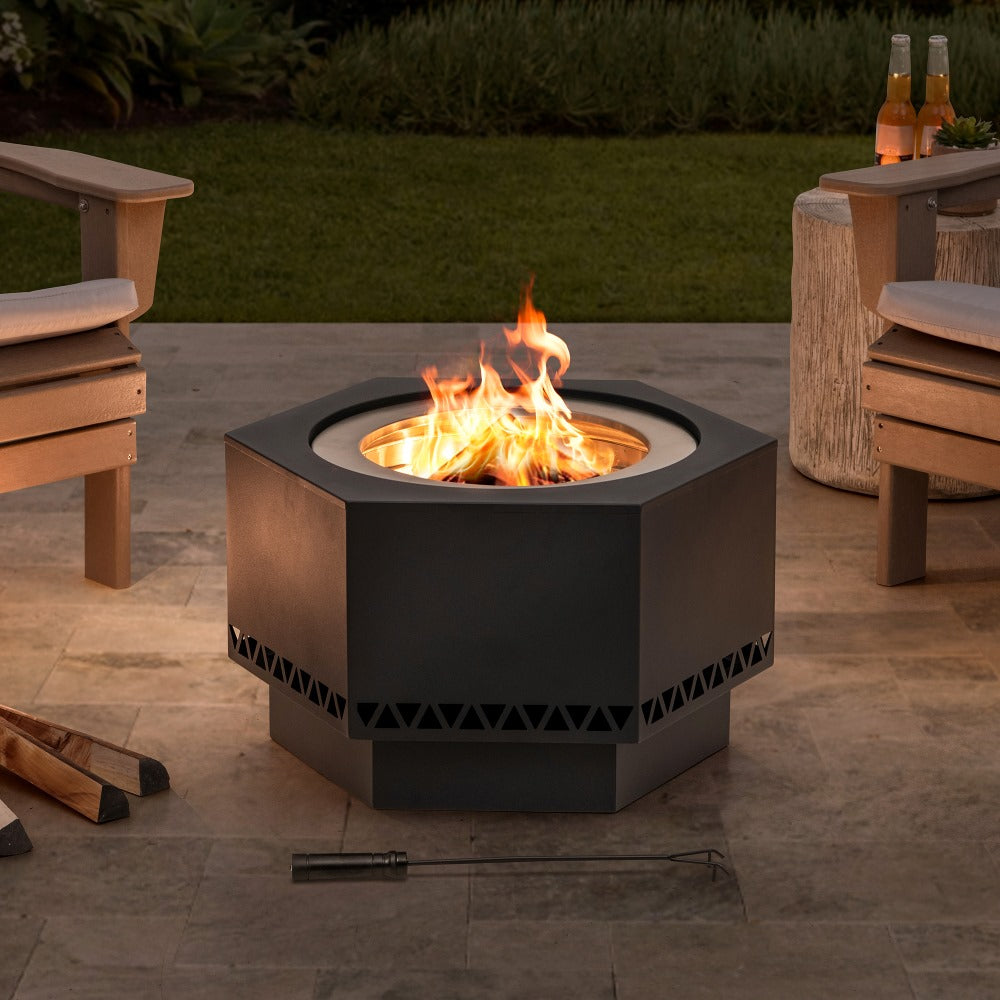 SUNJOY Smokeless Patio Fire Pit, Hexagon Firepit, Outdoor Wood Burning Portable Fire Pit w/ PVC Cover and Fire Poker