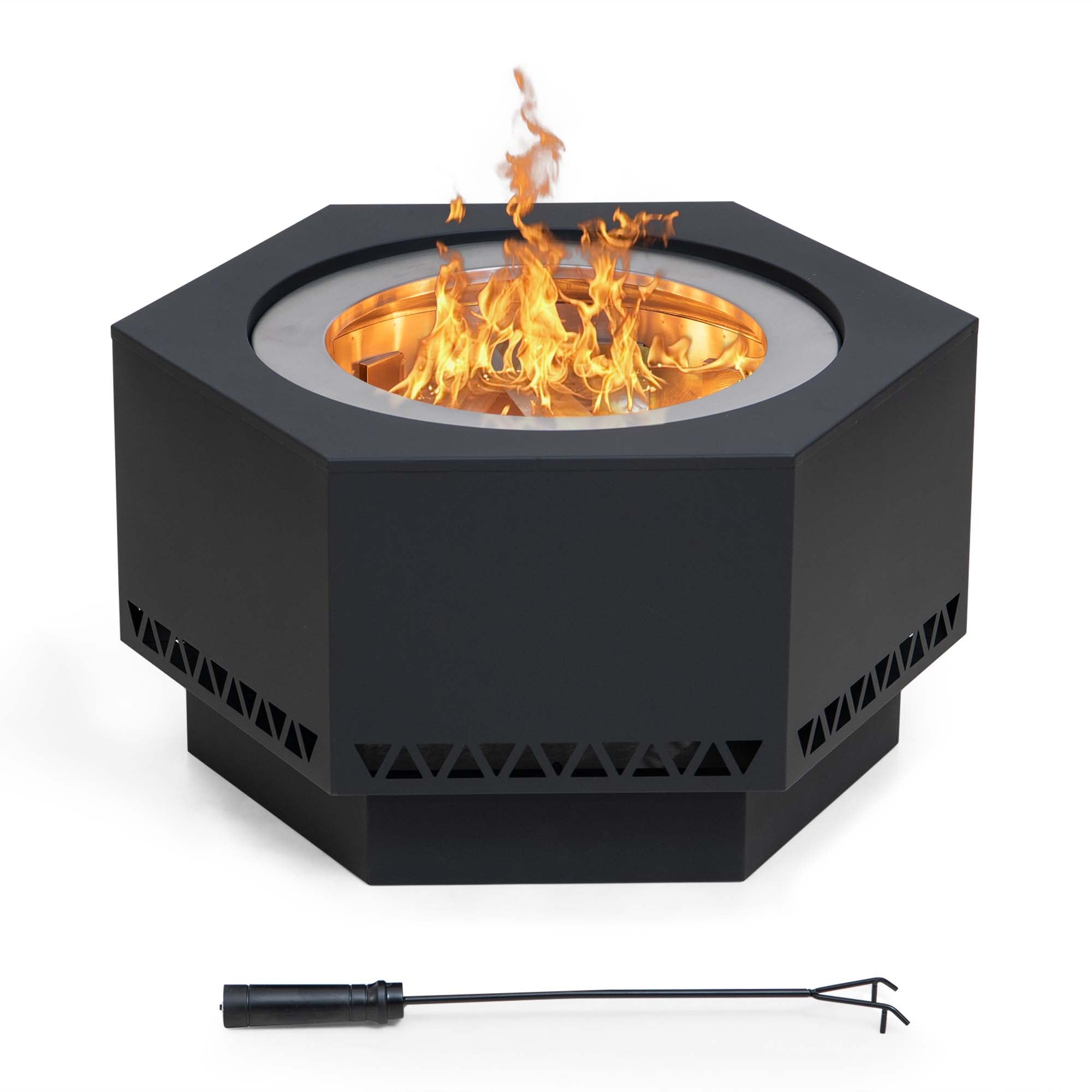 SUNJOY Smokeless Patio Fire Pit, Hexagon Firepit, Outdoor Wood Burning Portable Fire Pit w/ PVC Cover and Fire Poker