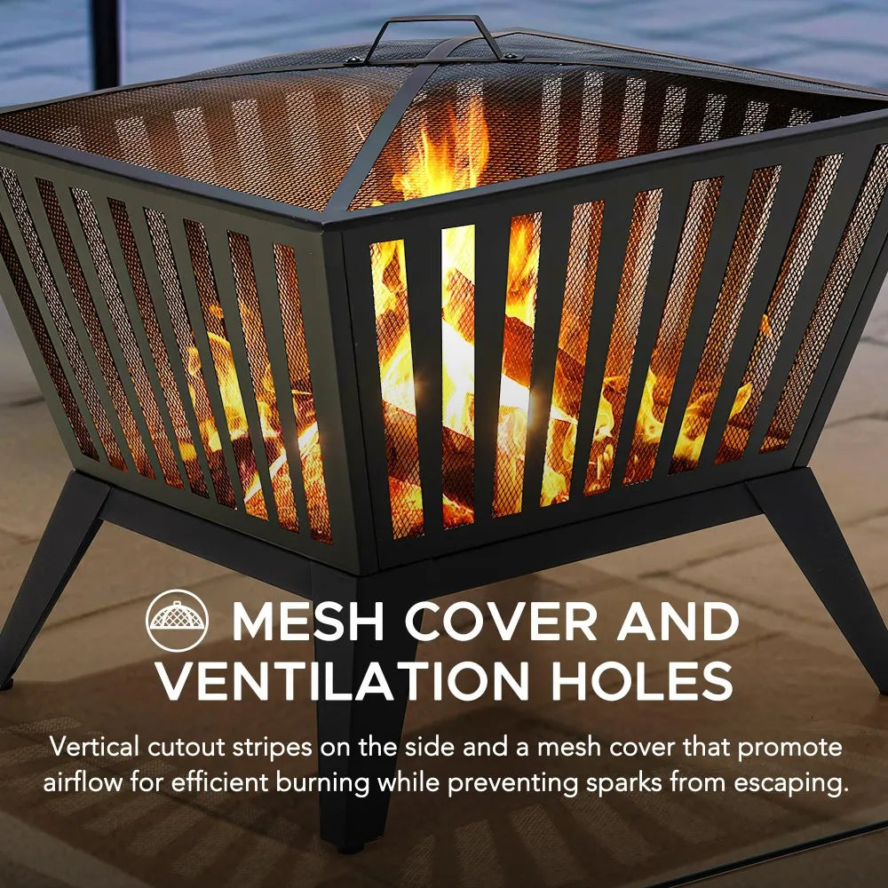 SUNJOY 28 Inch Steel Fire Pit Wood Burning Fire Pit with Mesh Cover
