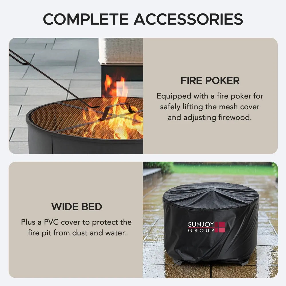 SUNJOY 26 Inch Fire Pit Outdoor Patio Wood Burning Fire Pit with PVC Cover - Gray