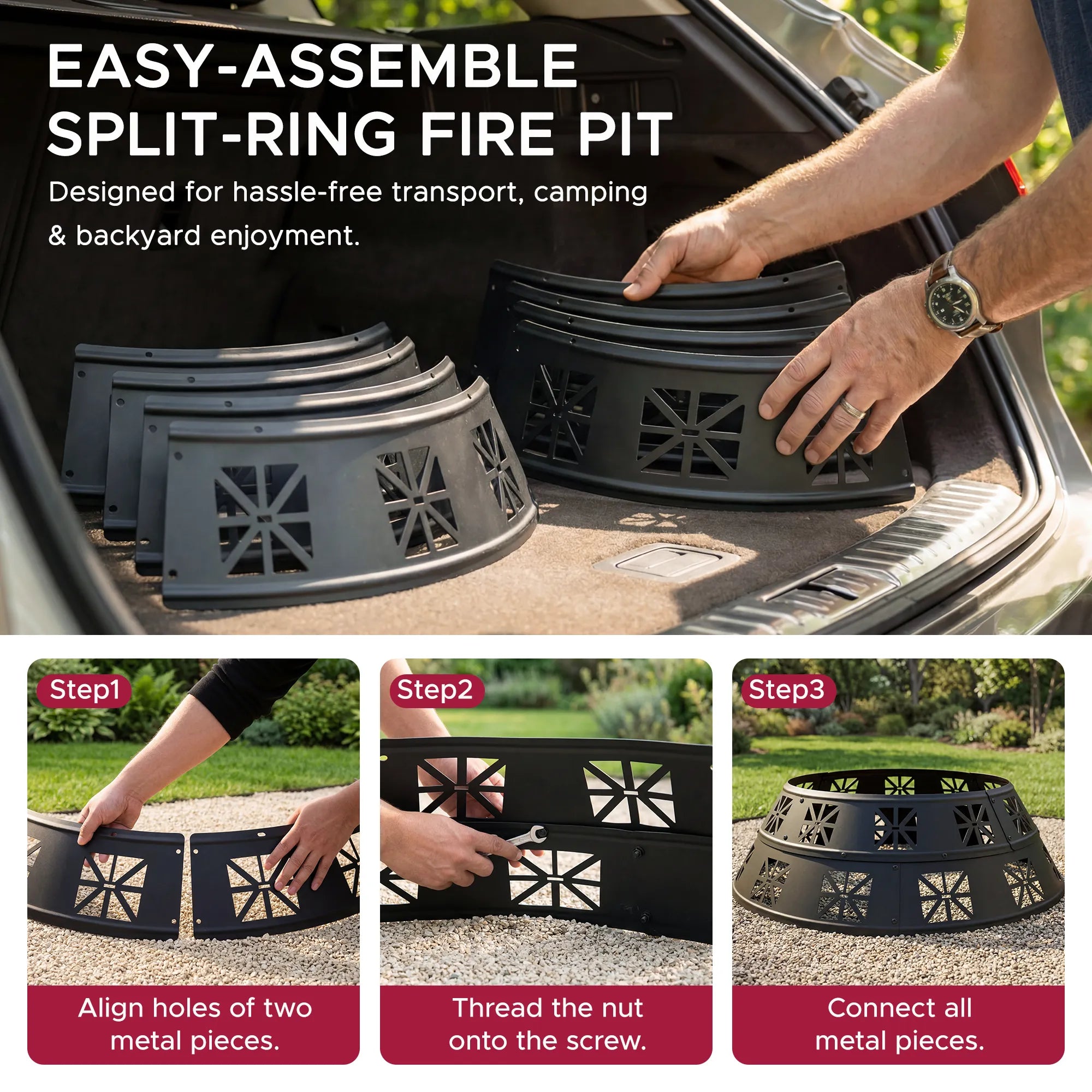 SUNJOY 36 Inch Sectional Steel Fire Pit Ring with Decorative Cutouts