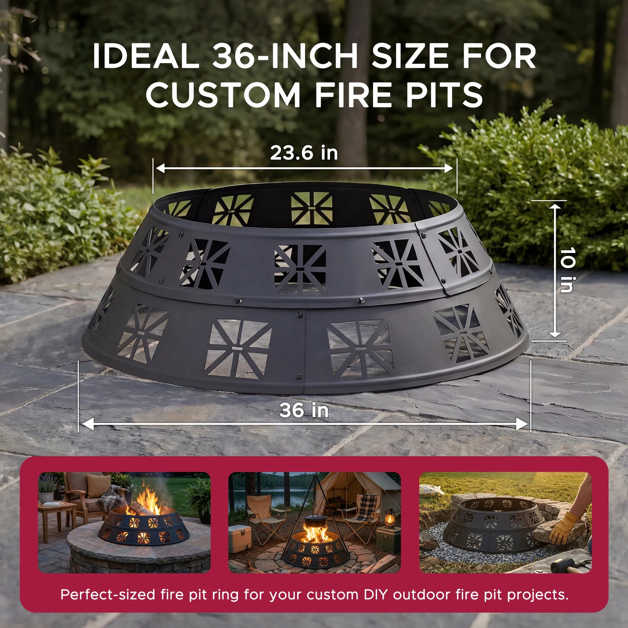 SUNJOY 36 Inch Sectional Steel Fire Pit Ring with Decorative Cutouts